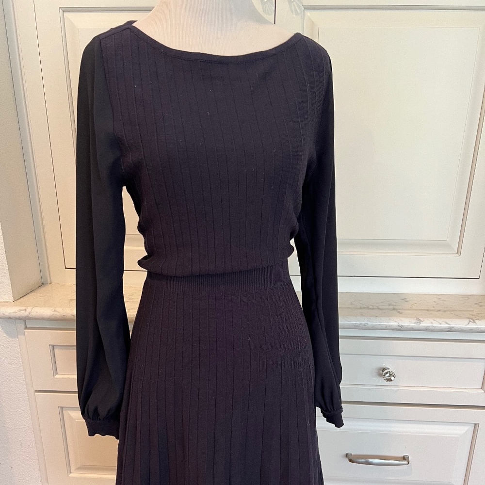 Navy blue Ann Taylor knit dress. Long sleeve and pleated skirt.